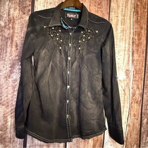Roar Black button shirt with rhinestone and embroidery